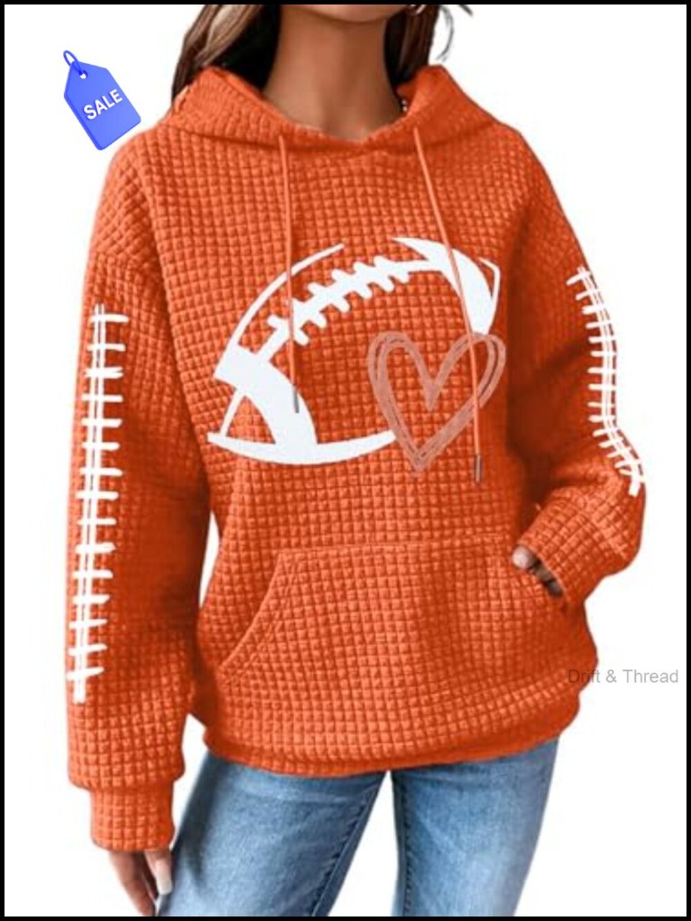 Waffle Knit Game Day Hooded Sweatshirt Women Football Graphic Pullover